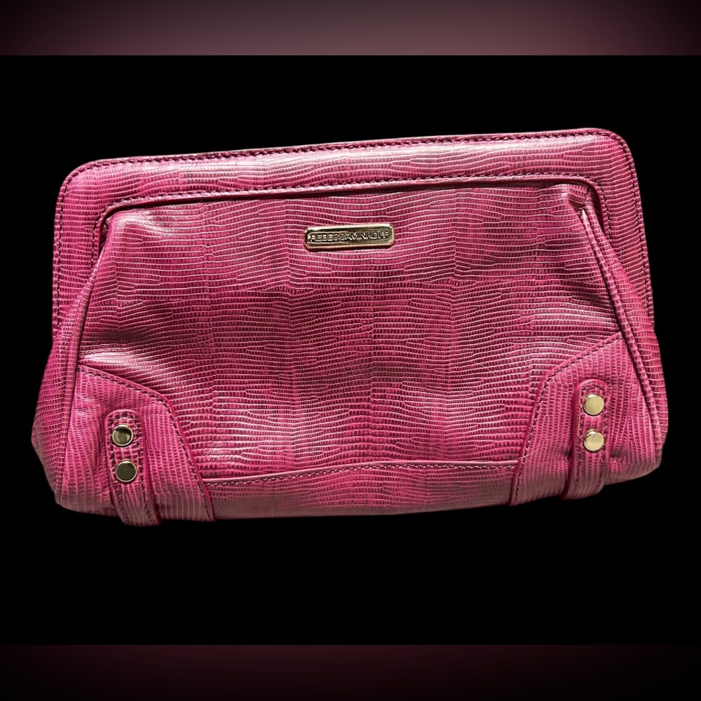 Rebecca Minkoff Mason Large Magenta & Gold Leather Clutch Purse